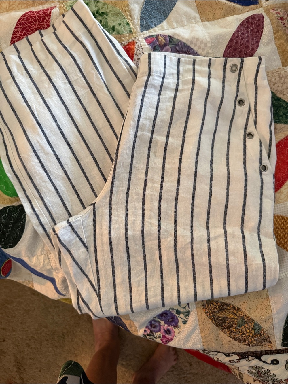 Chico's Cream and Navy Striped Pants